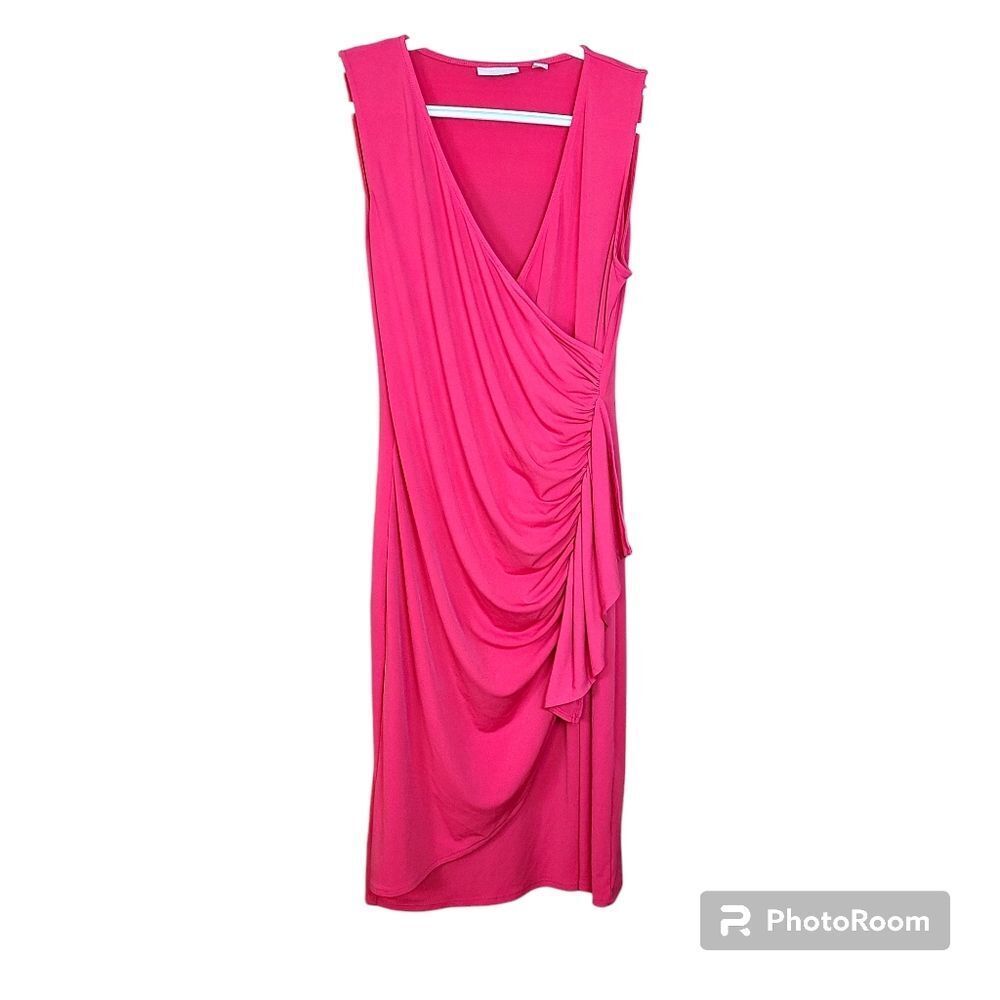 New York and Co Size Small Pink Faux Wrap Ruched Ruffled Dress Barbiecore